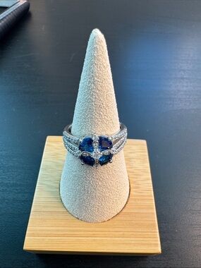 Blue Sapphire Cluster Halo Ring - Womens Jewelry 925 silver
